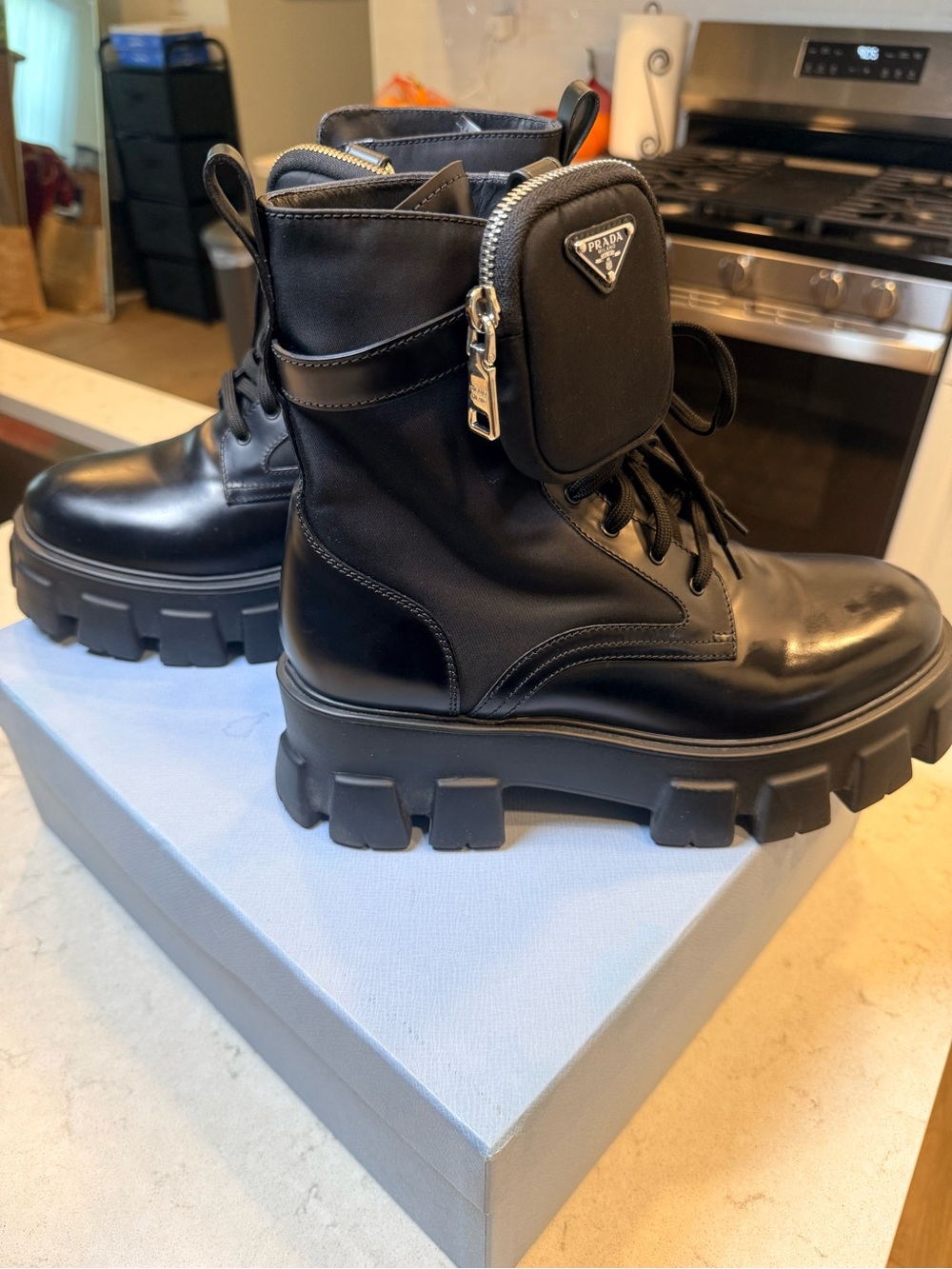 Prada Monolith Leather Re-Nylon Combat Boots Pouch Black 41.5